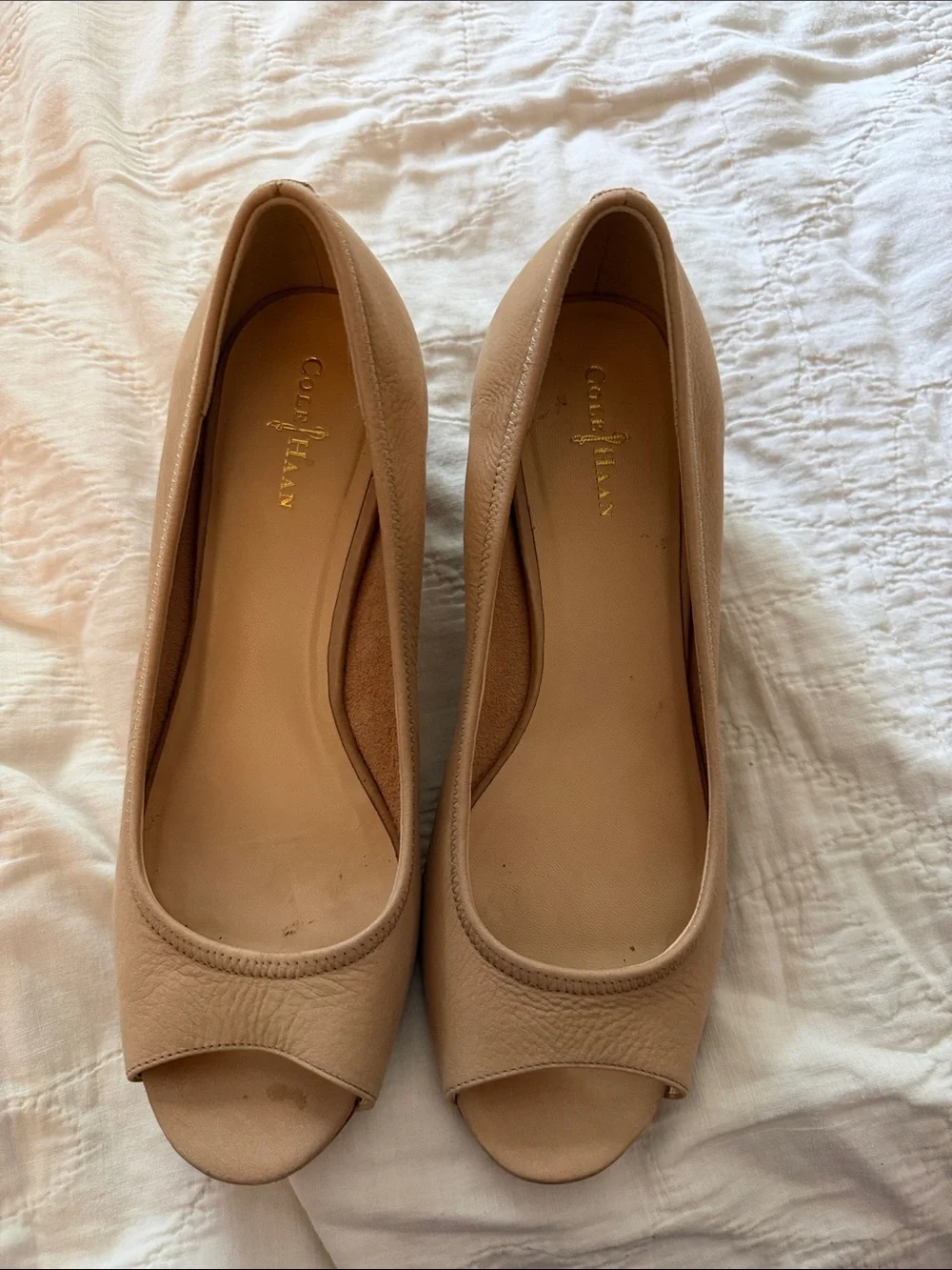 Cole Haan Beige Peep-Toe Leather Flats